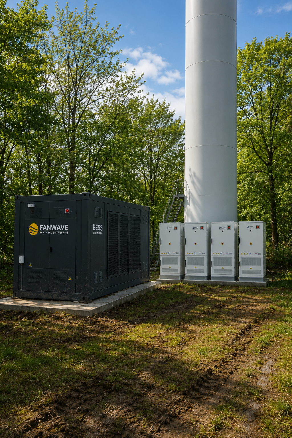 Vindmølle med batterianlæg ved foden