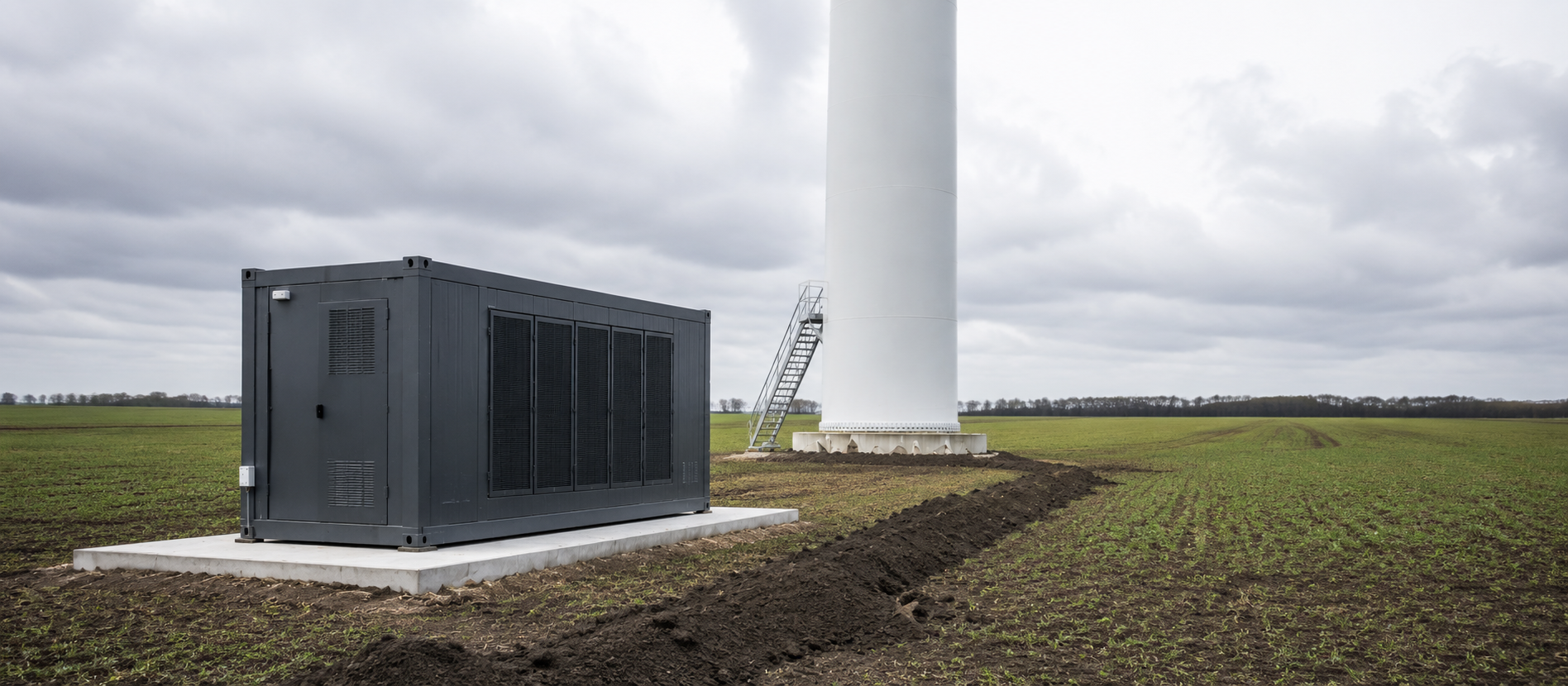 Batterianlæg ved foden af en vindmølle